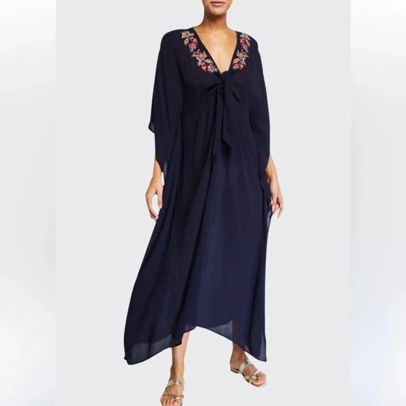 Johnny Was Golda Maxi Kaftan Large Navy Blue Swim Dress Cover Up Boho Floral - Picture 1 of 10
